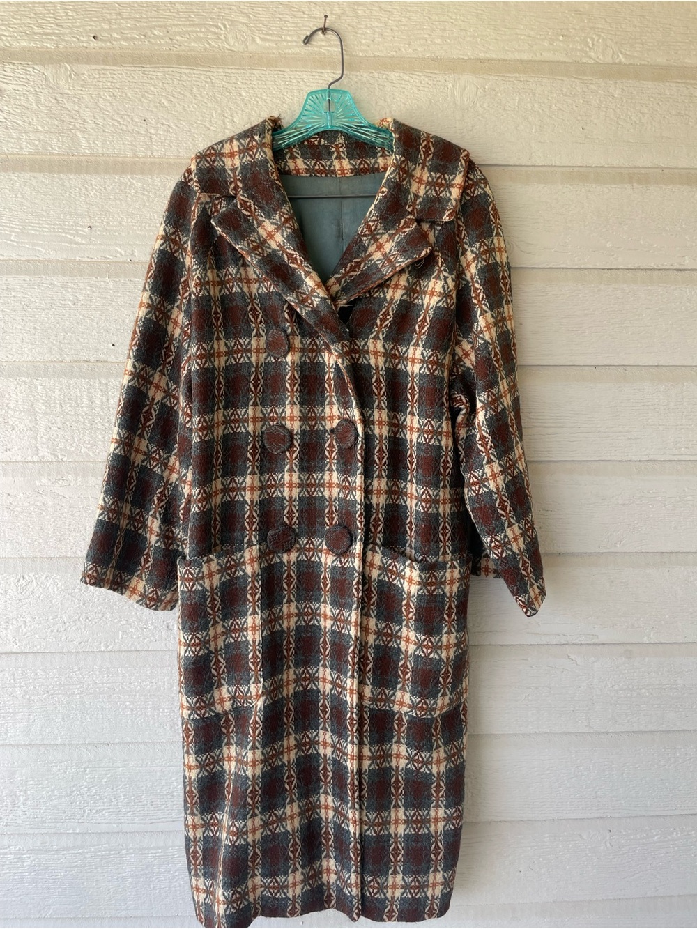 Vintage Women’s Plaid Long Wool Trench Coat Lined Button Front